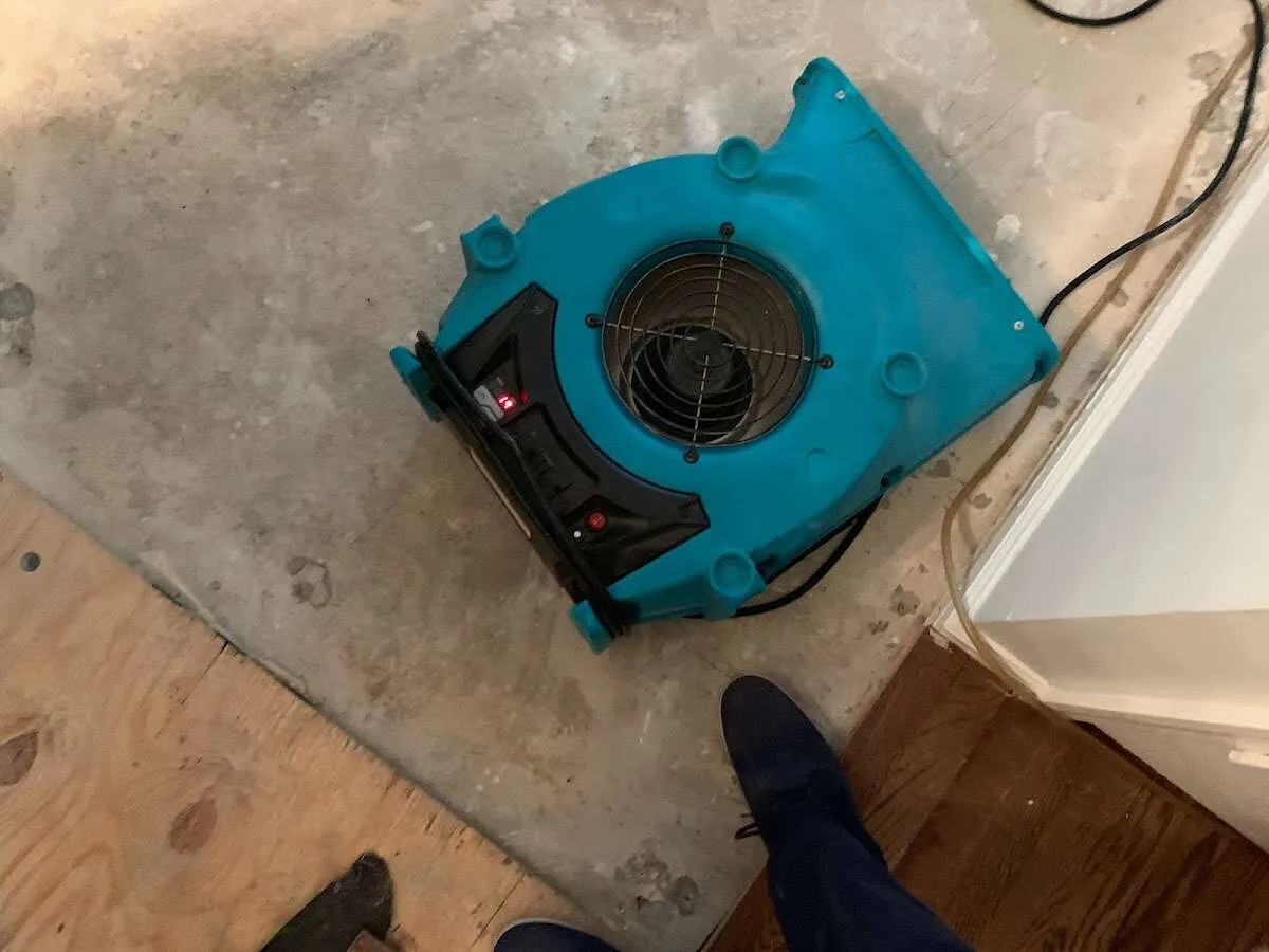 Air mover drying subfloor during Commercial Water Damage Restoration in Glenwood